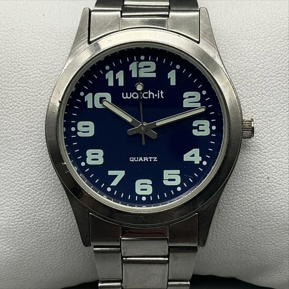 Watch-it Mens Watch 36mm Blue Dial Silver Tone Bracelet New Battery 8